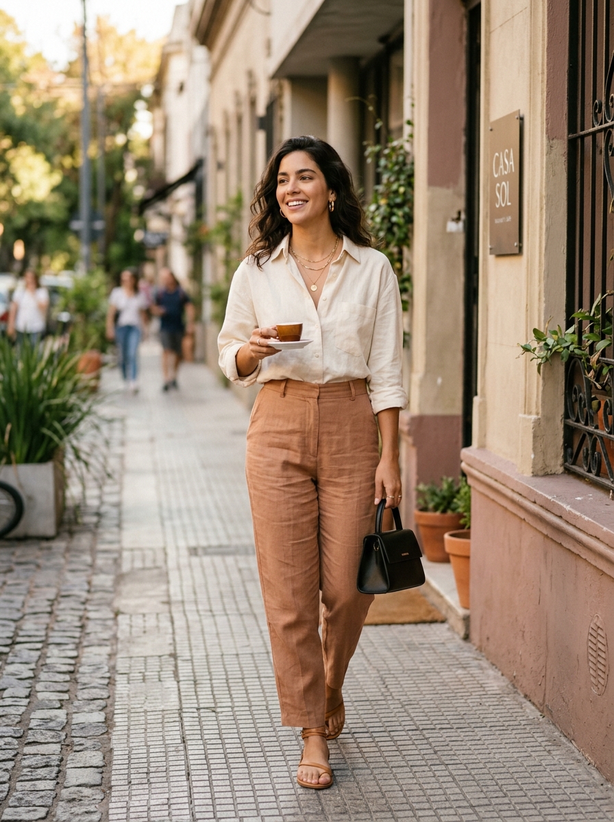 Modelo vistiendo look urbano y casual de Luna Moda en Recoleta, Buenos Aires